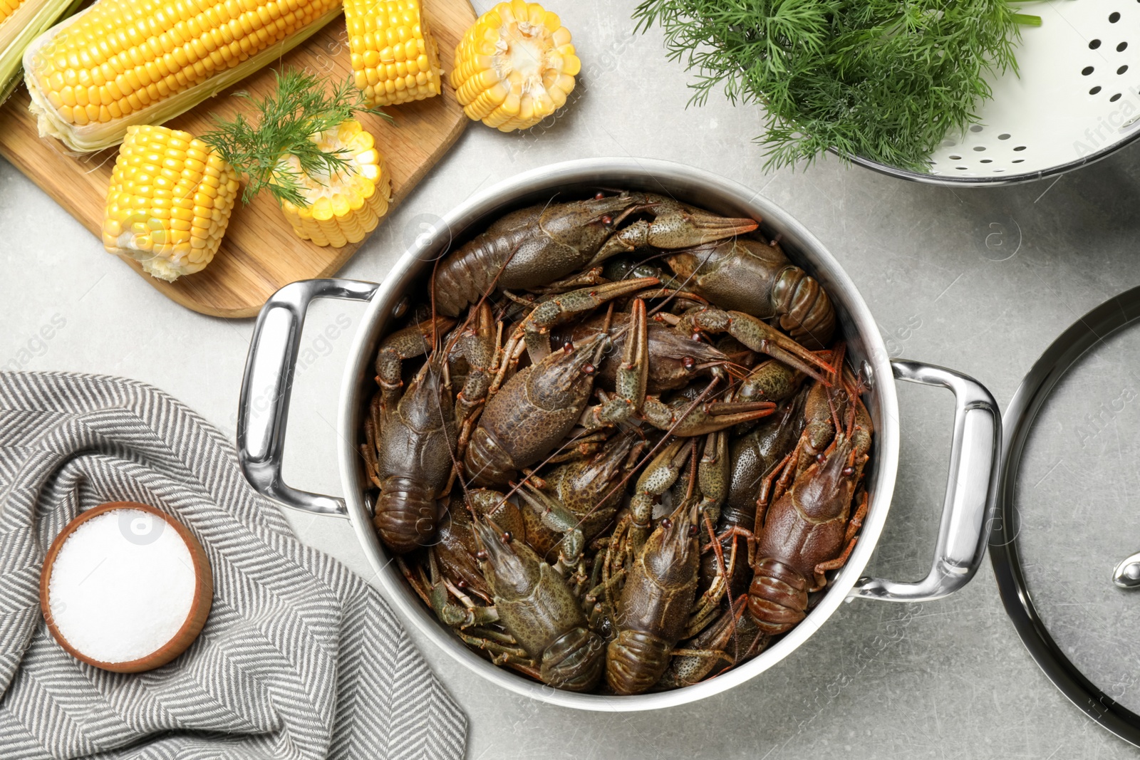 Photo of Fresh raw crayfishes in pot on grey table, flat lay