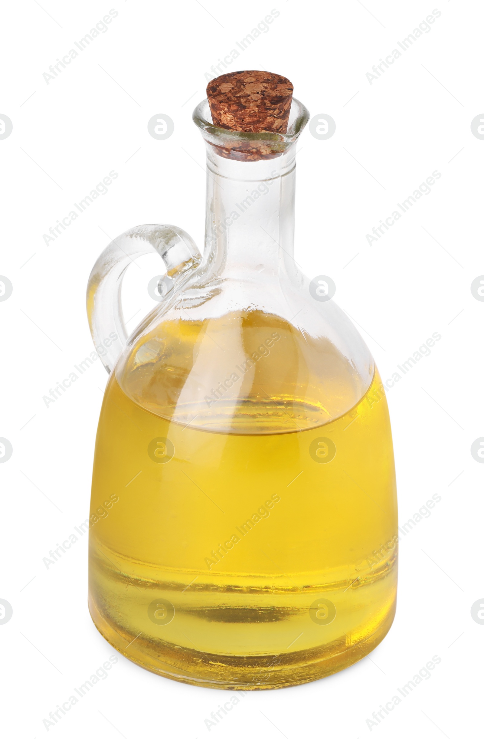 Photo of Glass jug of cooking oil isolated on white