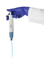 Photo of Laboratory analysis. Scientist holding micropipette on white background, closeup