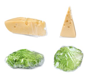 Image of Tasty cheese and fresh lettuce wrapped with stretch film on white background, collage. Banner design 