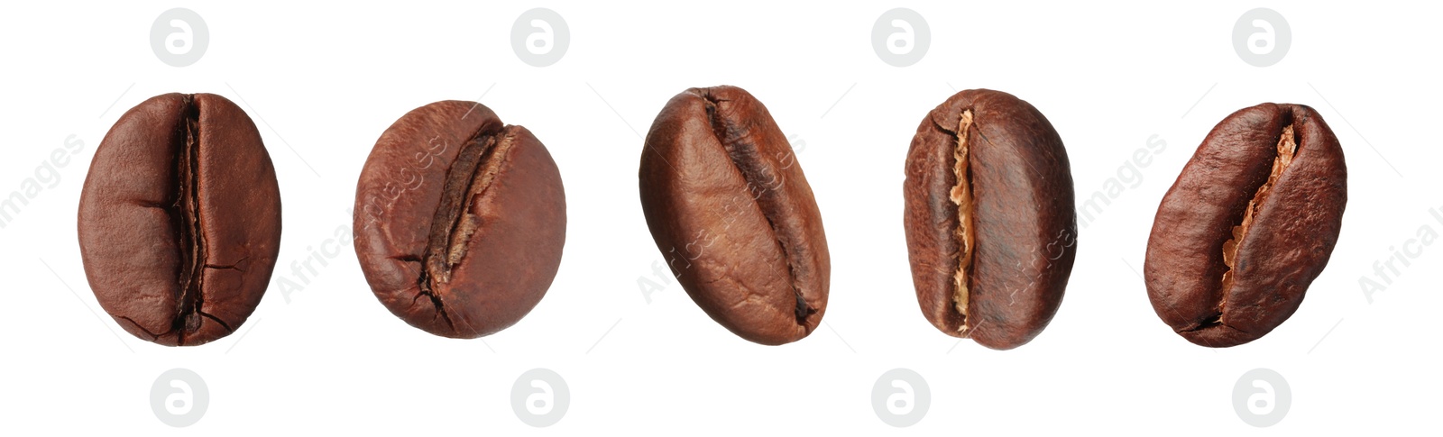 Image of Set with aromatic roasted coffee beans on white background. Banner design