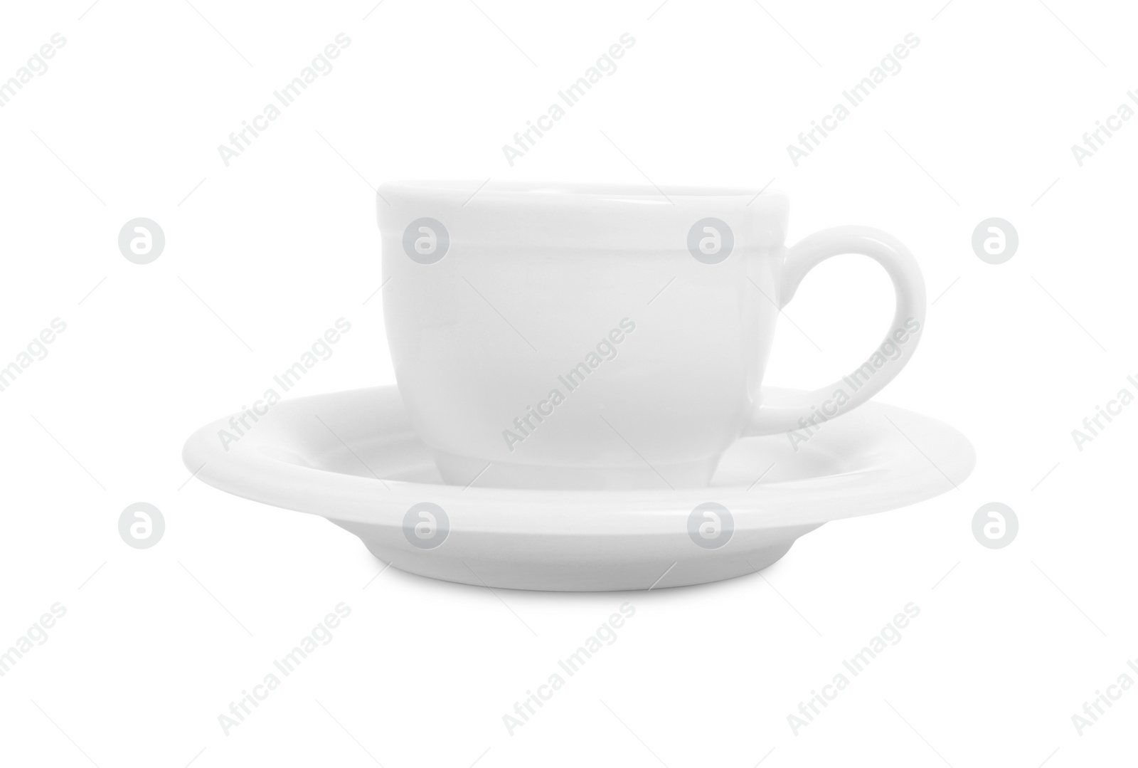 Photo of Ceramic cup with saucer isolated on white