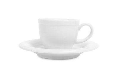 Photo of Ceramic cup with saucer isolated on white