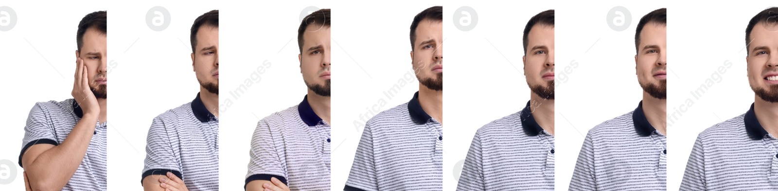 Image of Man showing different emotions on white background, collage of photos