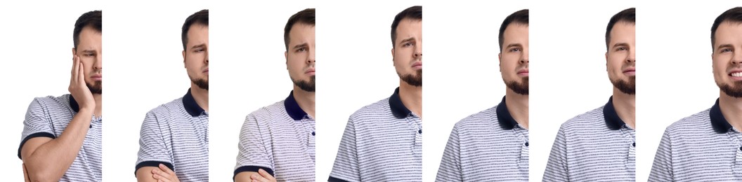 Man showing different emotions on white background, collage of photos