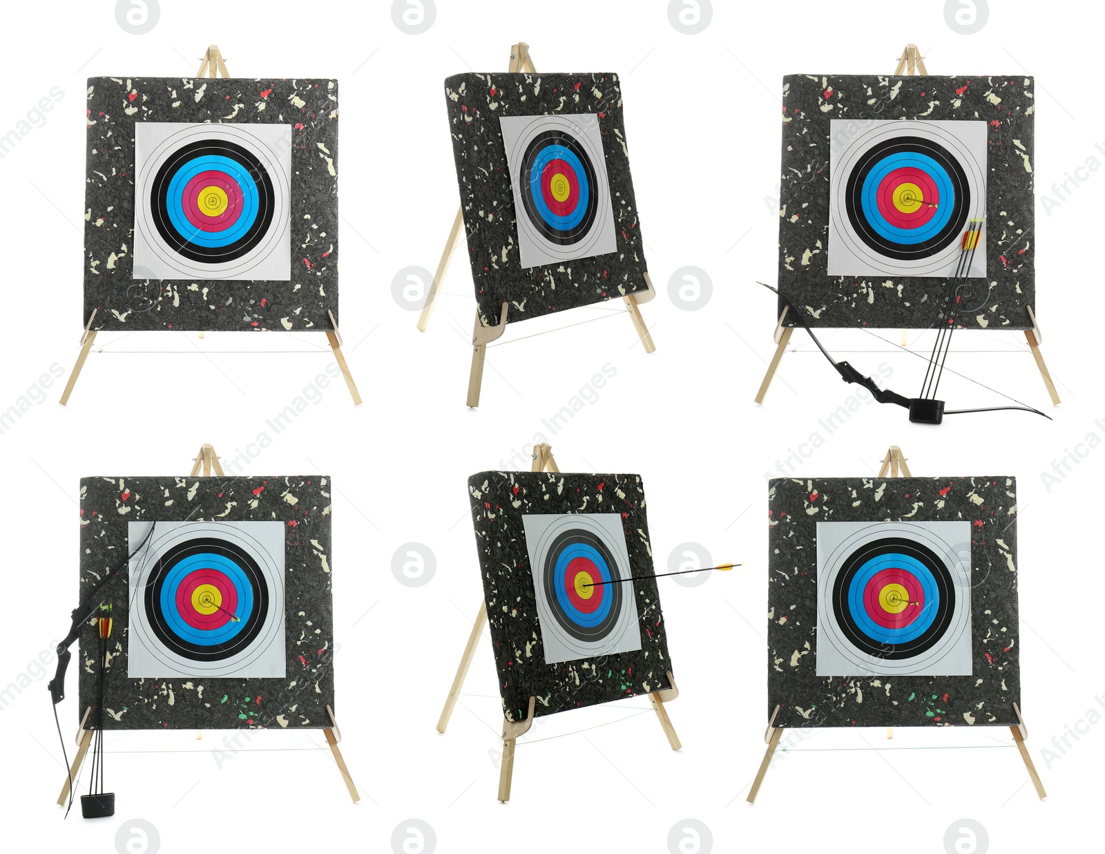 Image of Set with bows, arrows and archery targets on white background