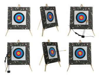 Set with bows, arrows and archery targets on white background