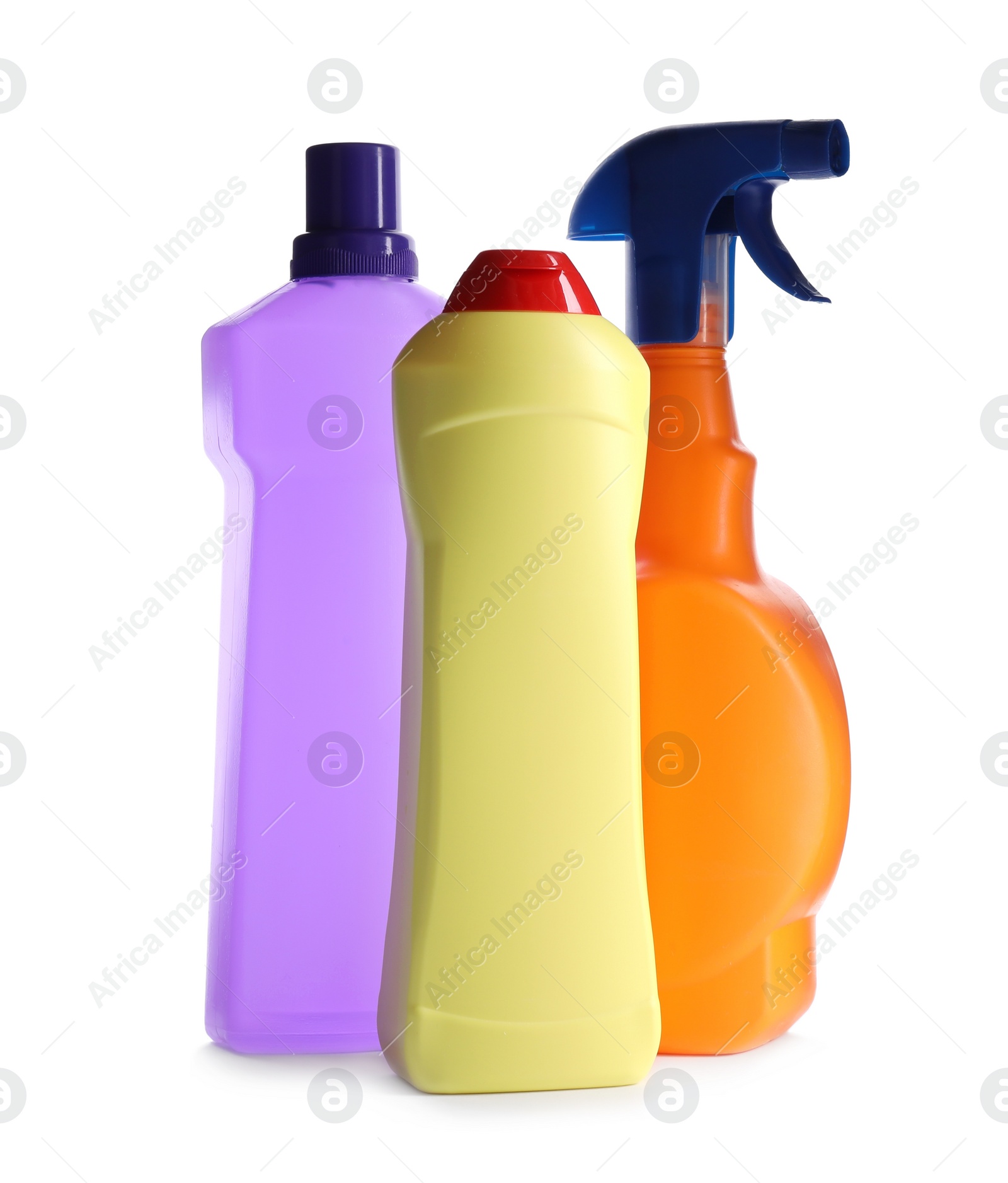 Photo of Bottles of different cleaning products isolated on white