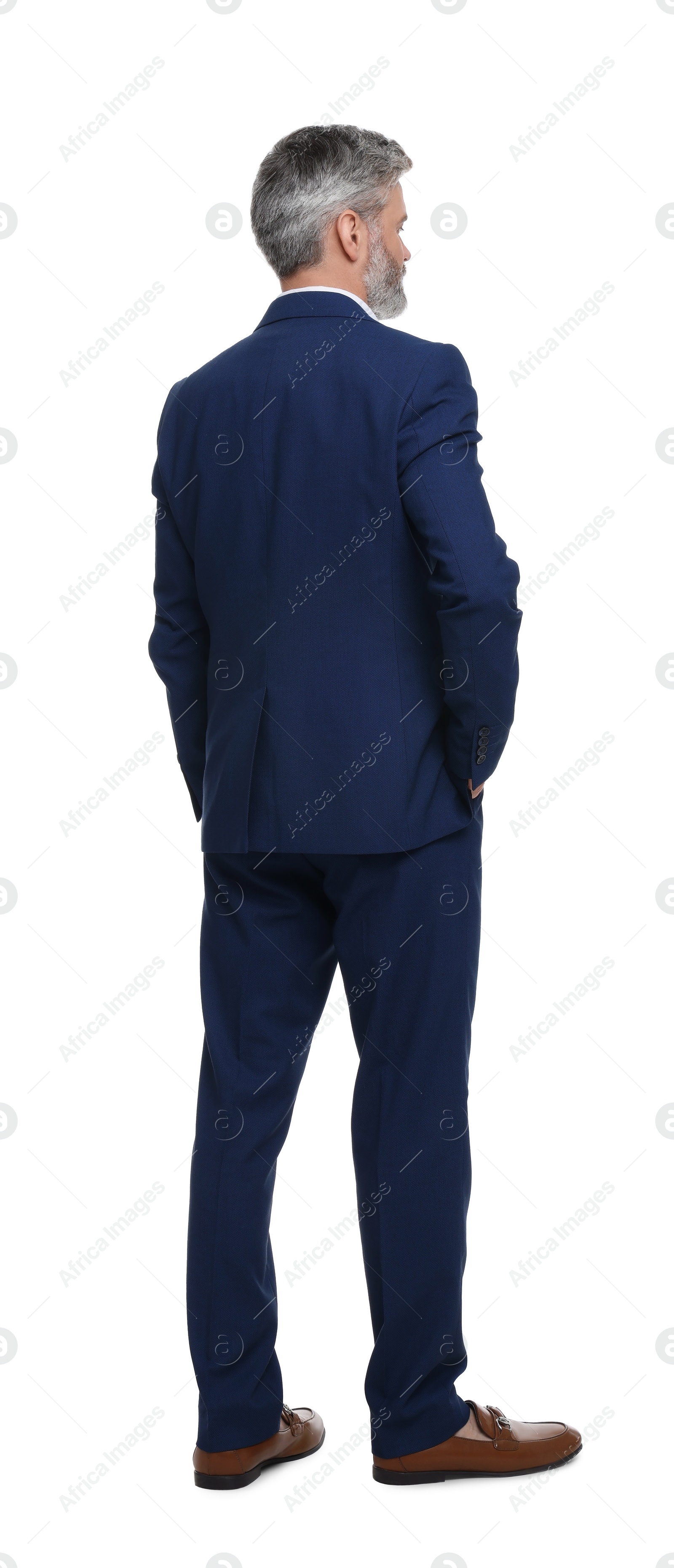 Photo of Mature businessman in stylish clothes posing on white background, back view