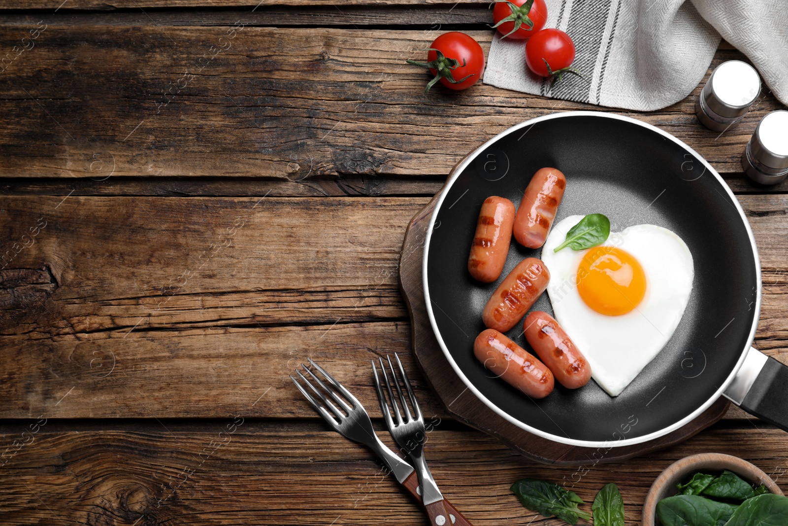 Photo of Romantic breakfast on wooden table, flat lay with space for text. Valentine's day celebration