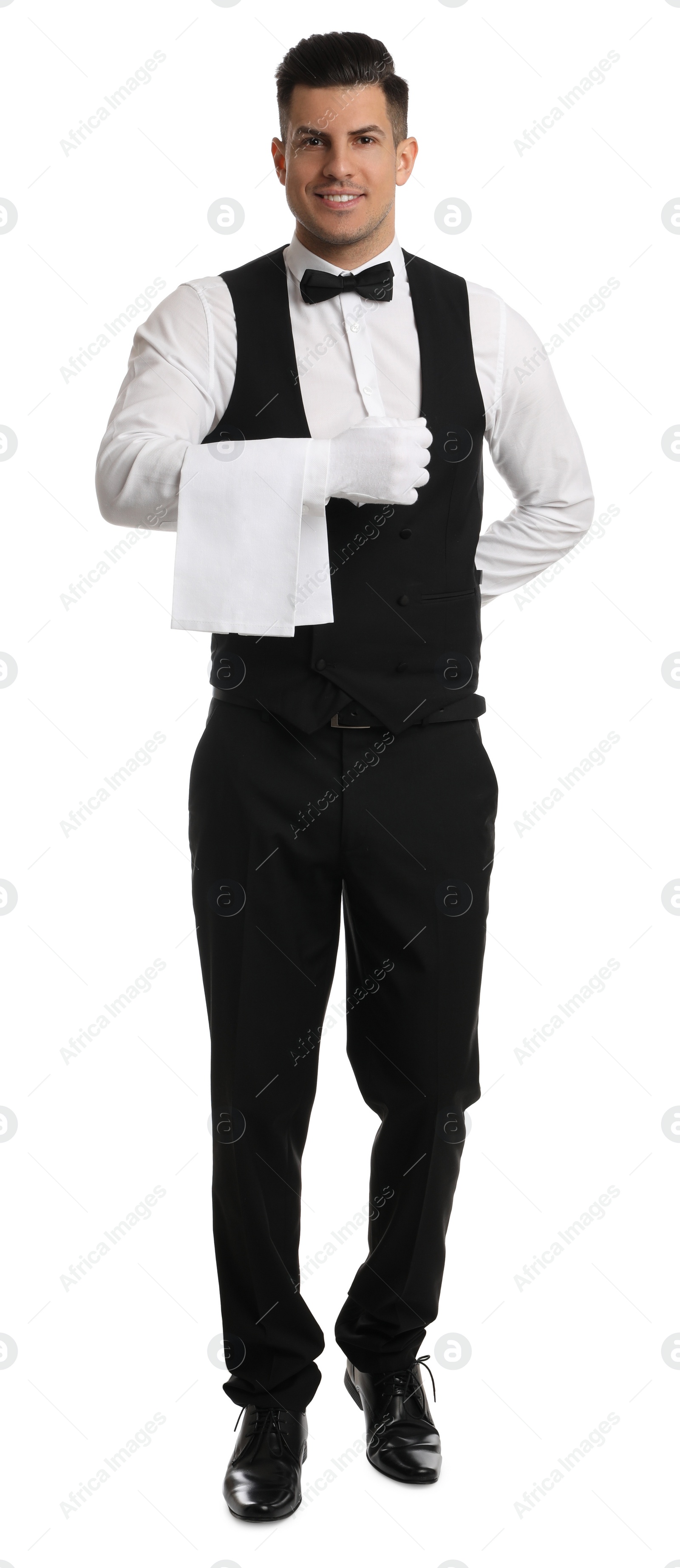 Photo of Handsome butler with towel on white background