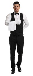 Photo of Handsome butler with towel on white background