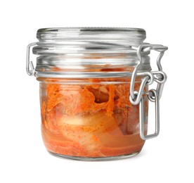 Photo of Delicious kimchi with Chinese cabbage in jar isolated on white