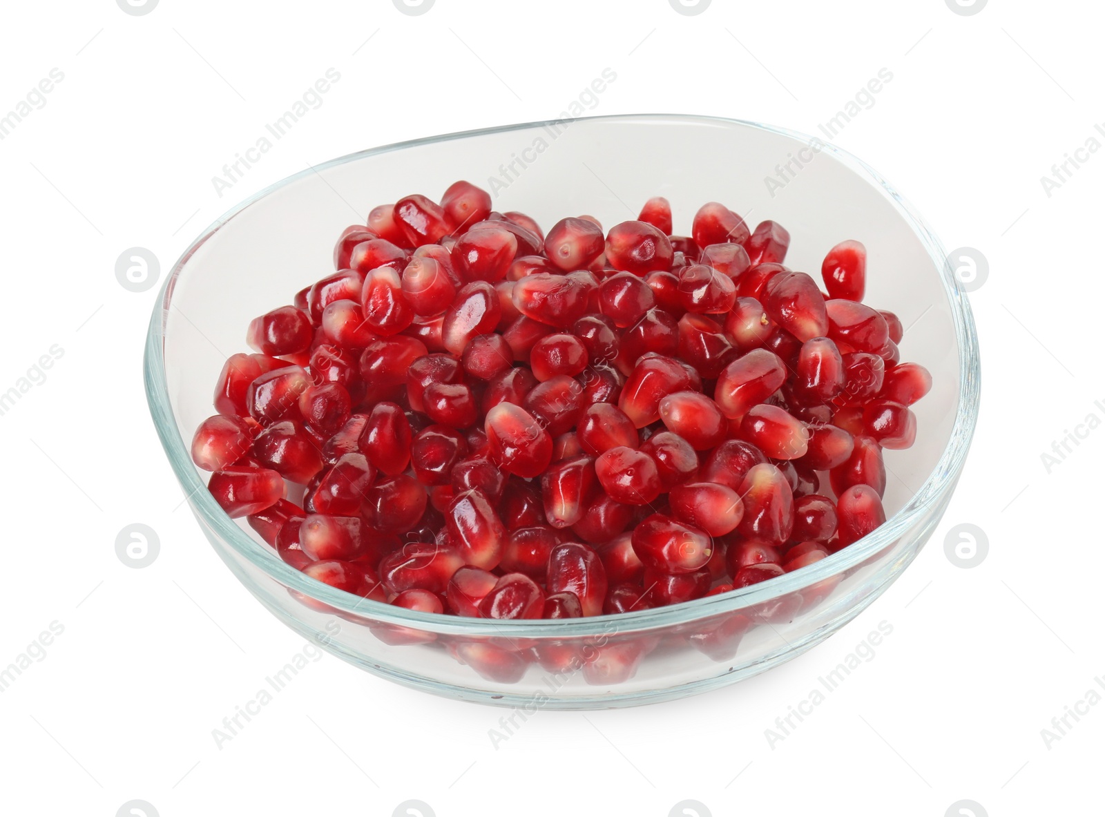 Photo of Ripe juicy pomegranate grains in bowl isolated on white