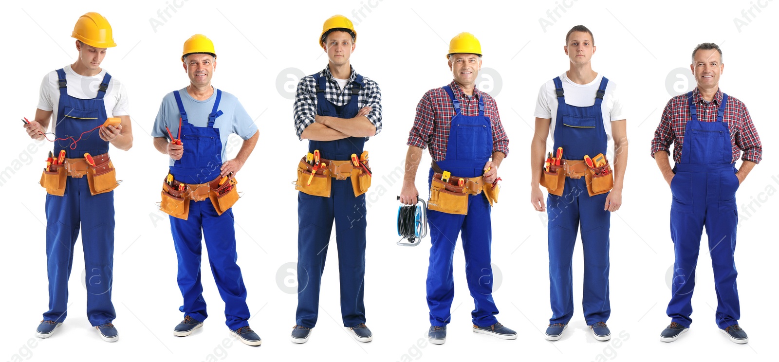 Image of Collage with photos of electricians on white background, banner design