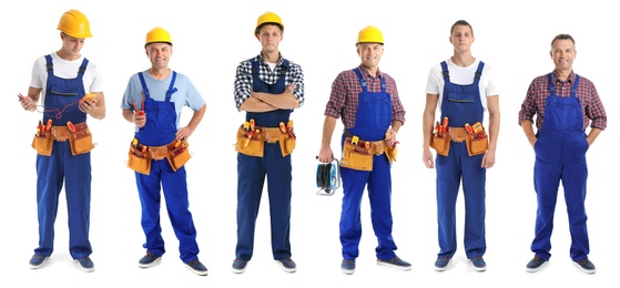 Image of Collage with photos of electricians on white background, banner design