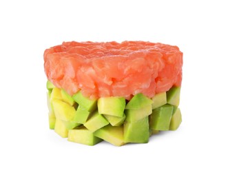 Fresh tasty salmon tartare with avocado isolated on white