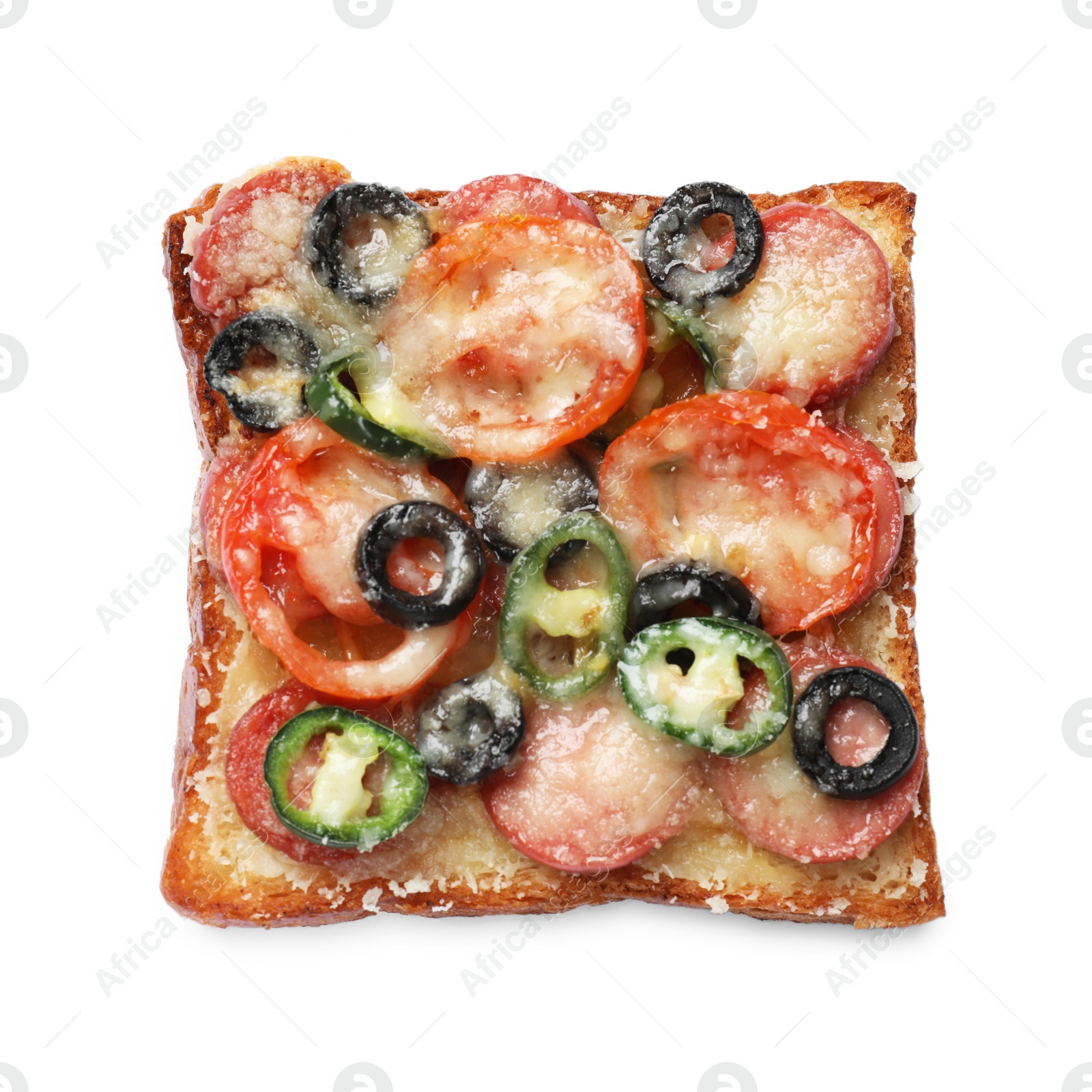 Photo of One tasty pizza toast isolated on white, top view