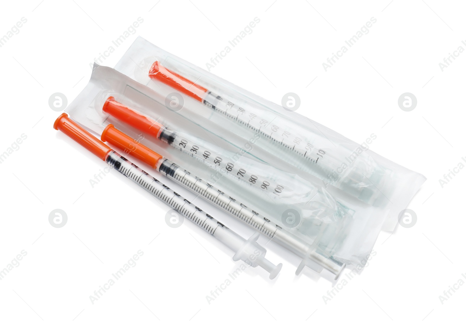 Photo of Disposable syringes on white background. Medical equipment