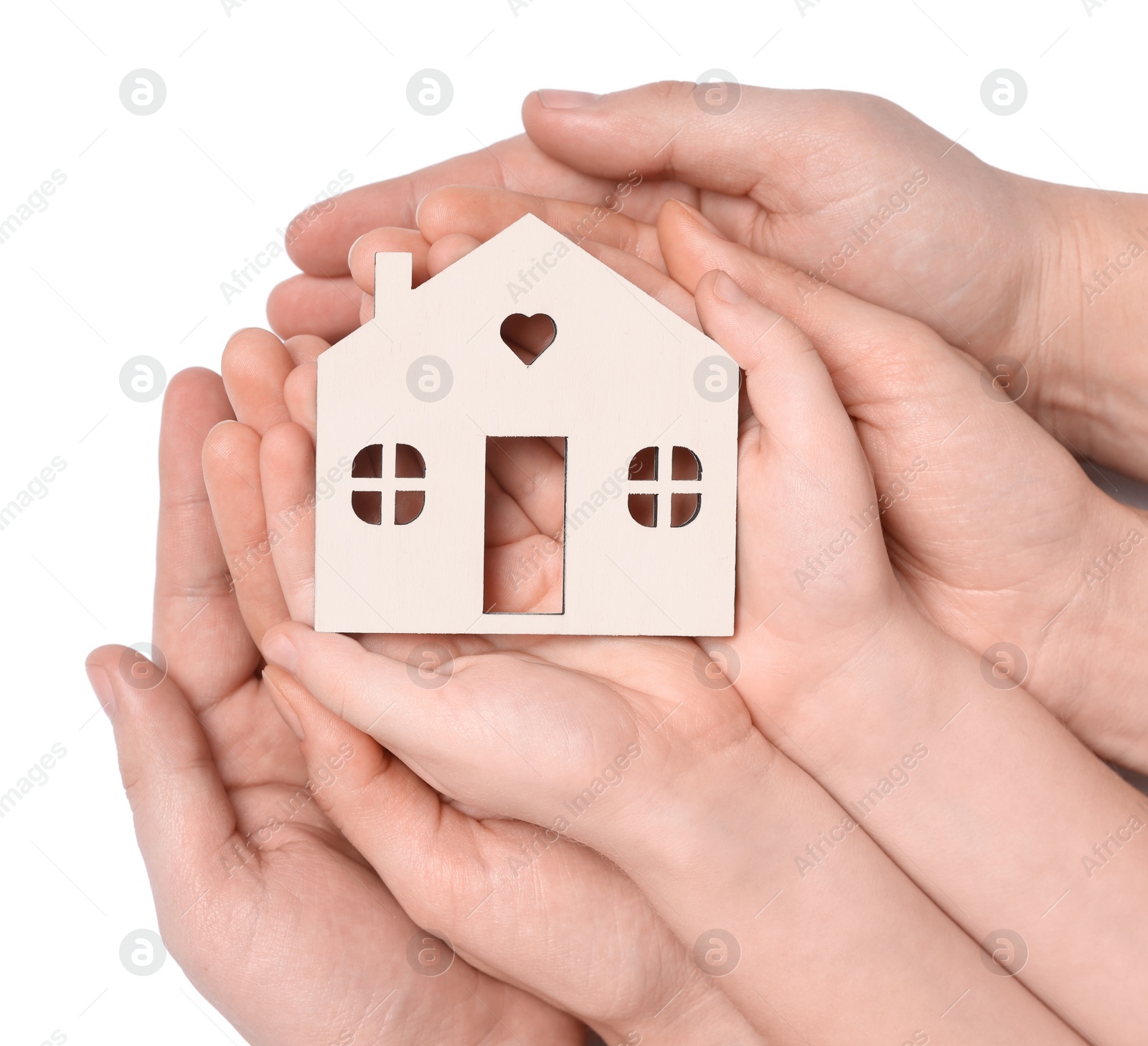 Photo of Home security concept. Family holding house model on white background, top view with space for text