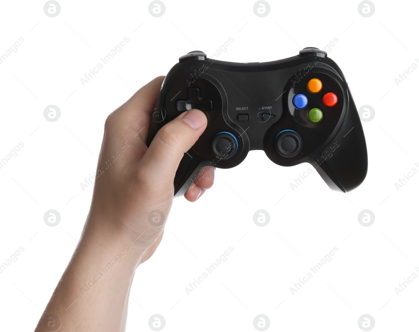 Photo of Woman using wireless game controller on white background, closeup