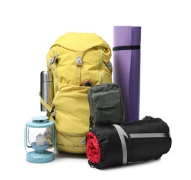 Photo of Set of camping equipment for tourist on white background