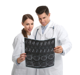 Orthopedists working with X-ray picture on white background