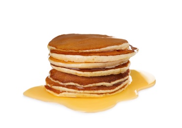 Stack of tasty pancakes with maple syrup on white background