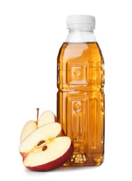 Photo of Bottle of apple juice and fresh fruit on white background