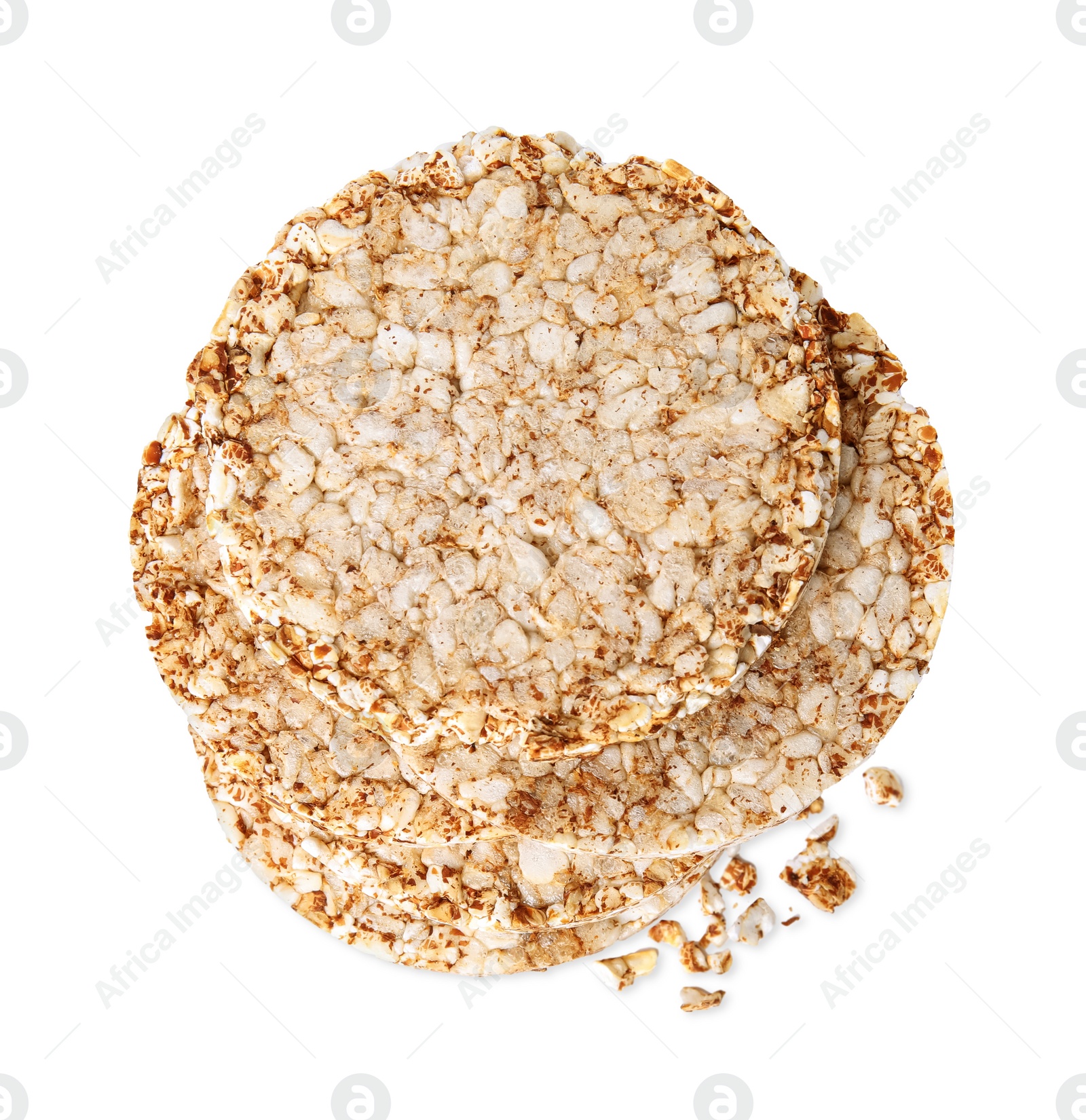 Photo of Stack of crunchy rice cakes isolated on white, top view