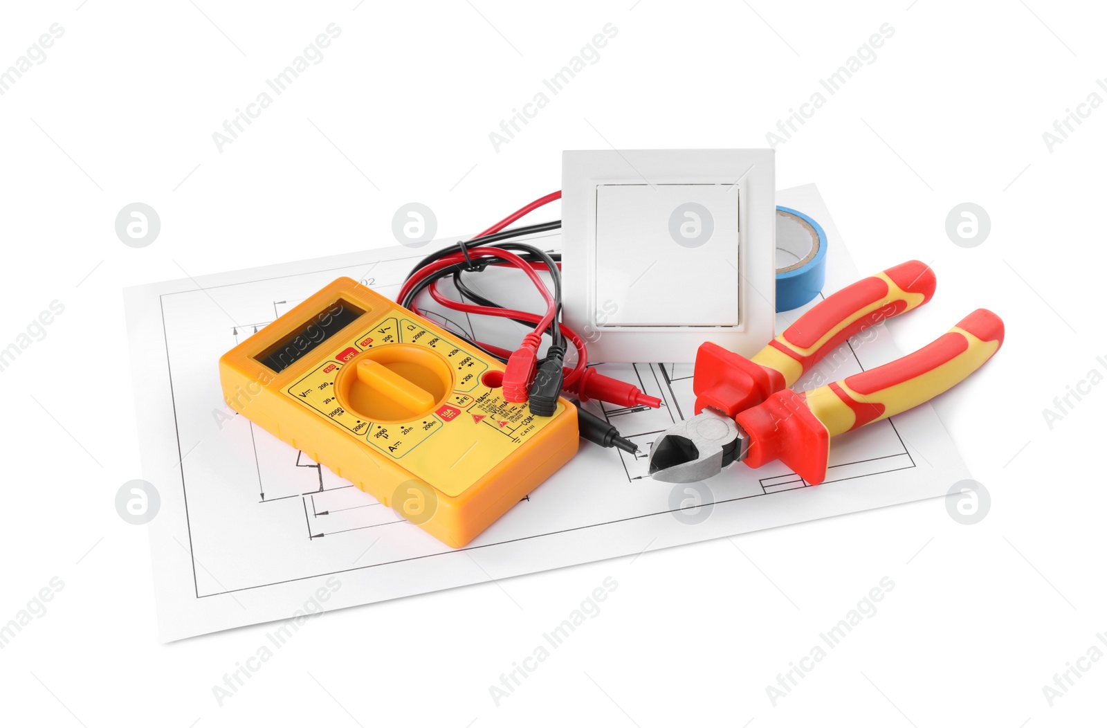 Photo of Set of electrician's tools and accessories on white background