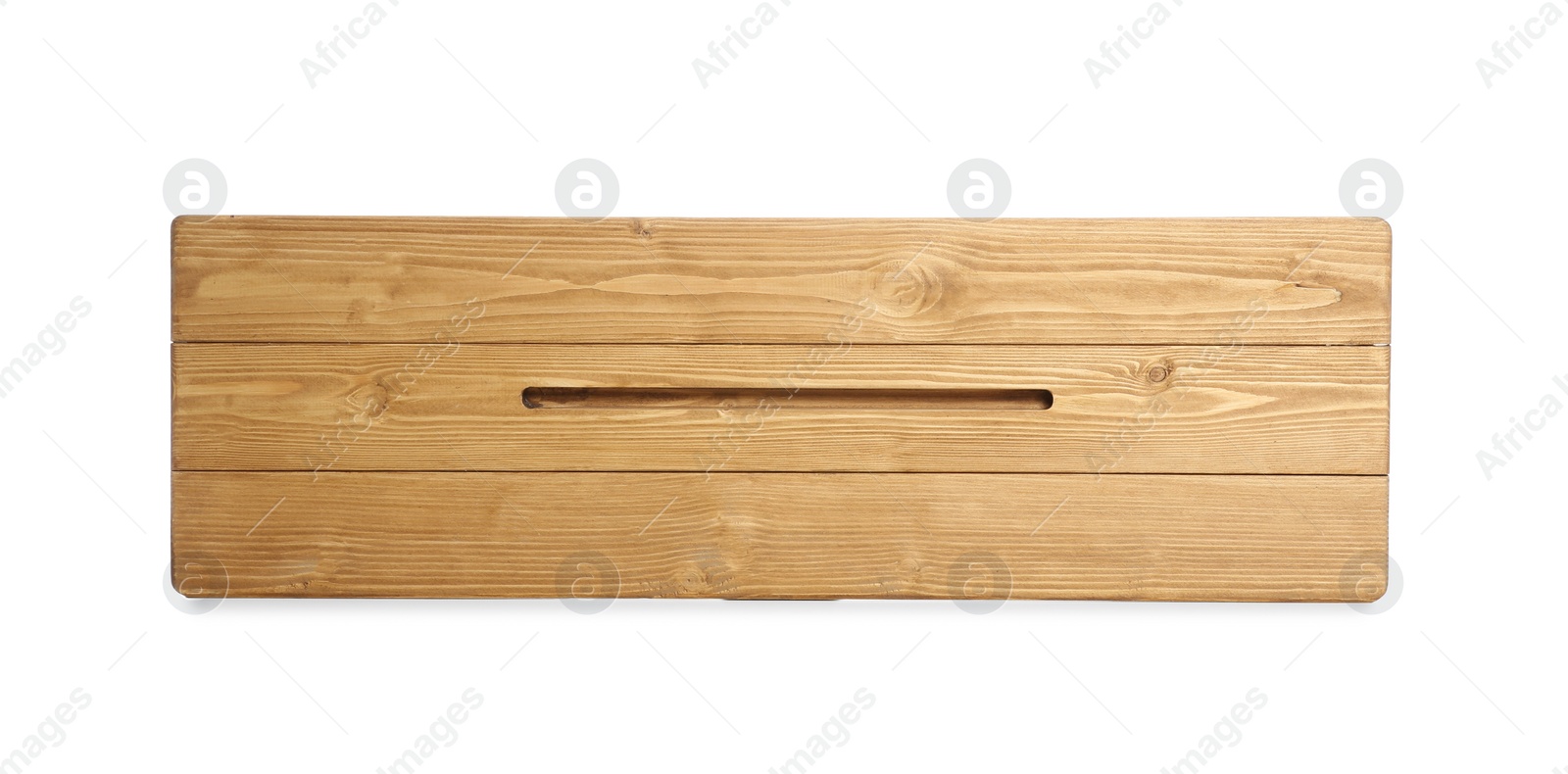 Photo of Wooden bathroom tray on white background, top view