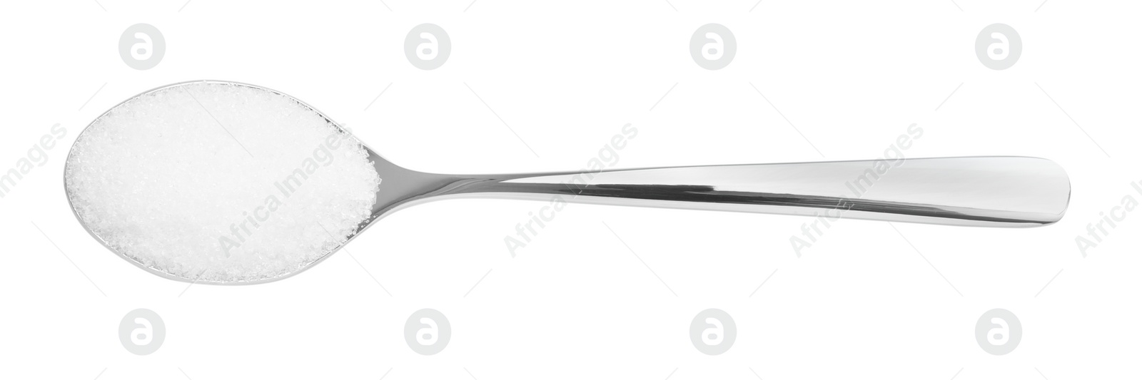 Photo of Spoon with granulated sugar isolated on white, top view