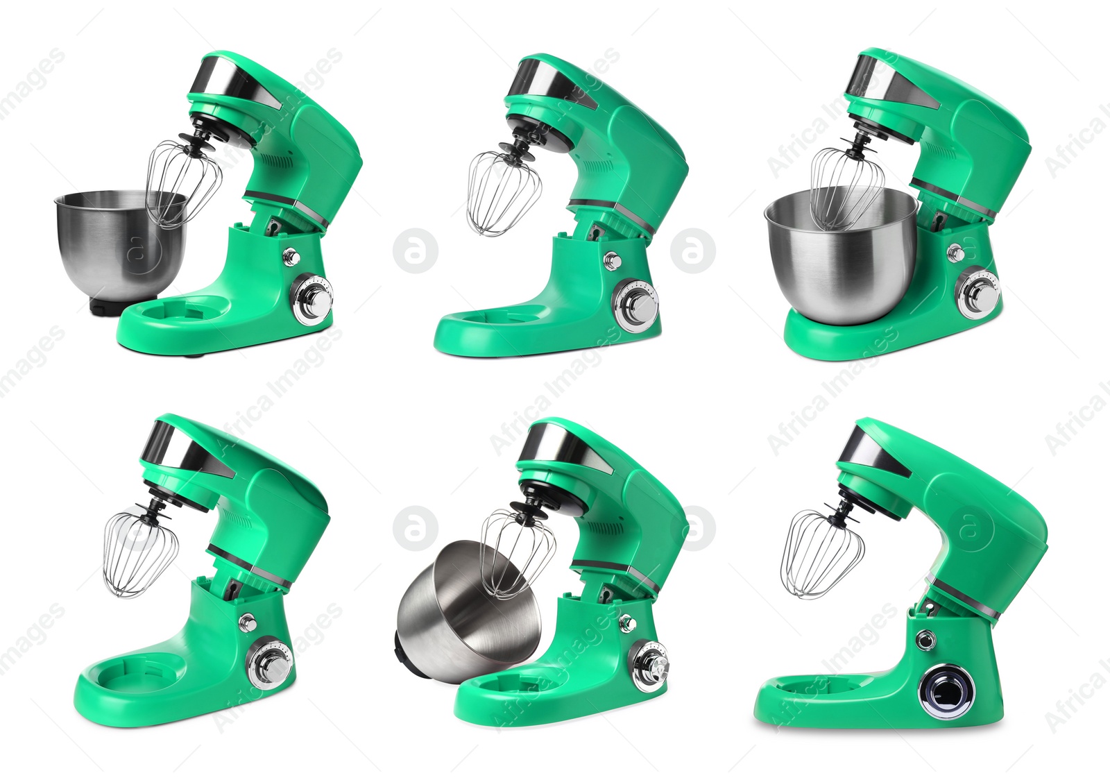 Image of Green stand mixers isolated on white, set