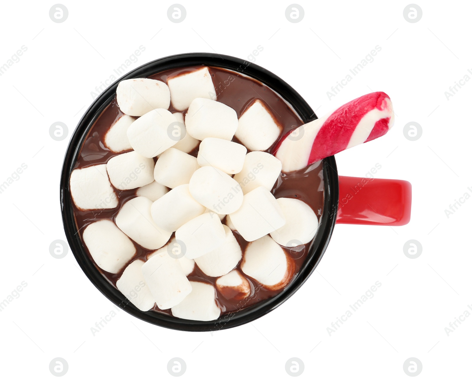 Photo of Cup of delicious hot chocolate with marshmallows and candy cane isolated on white, top view