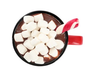 Photo of Cup of delicious hot chocolate with marshmallows and candy cane isolated on white, top view