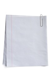 Stack of checkered paper sheets on white background, top view