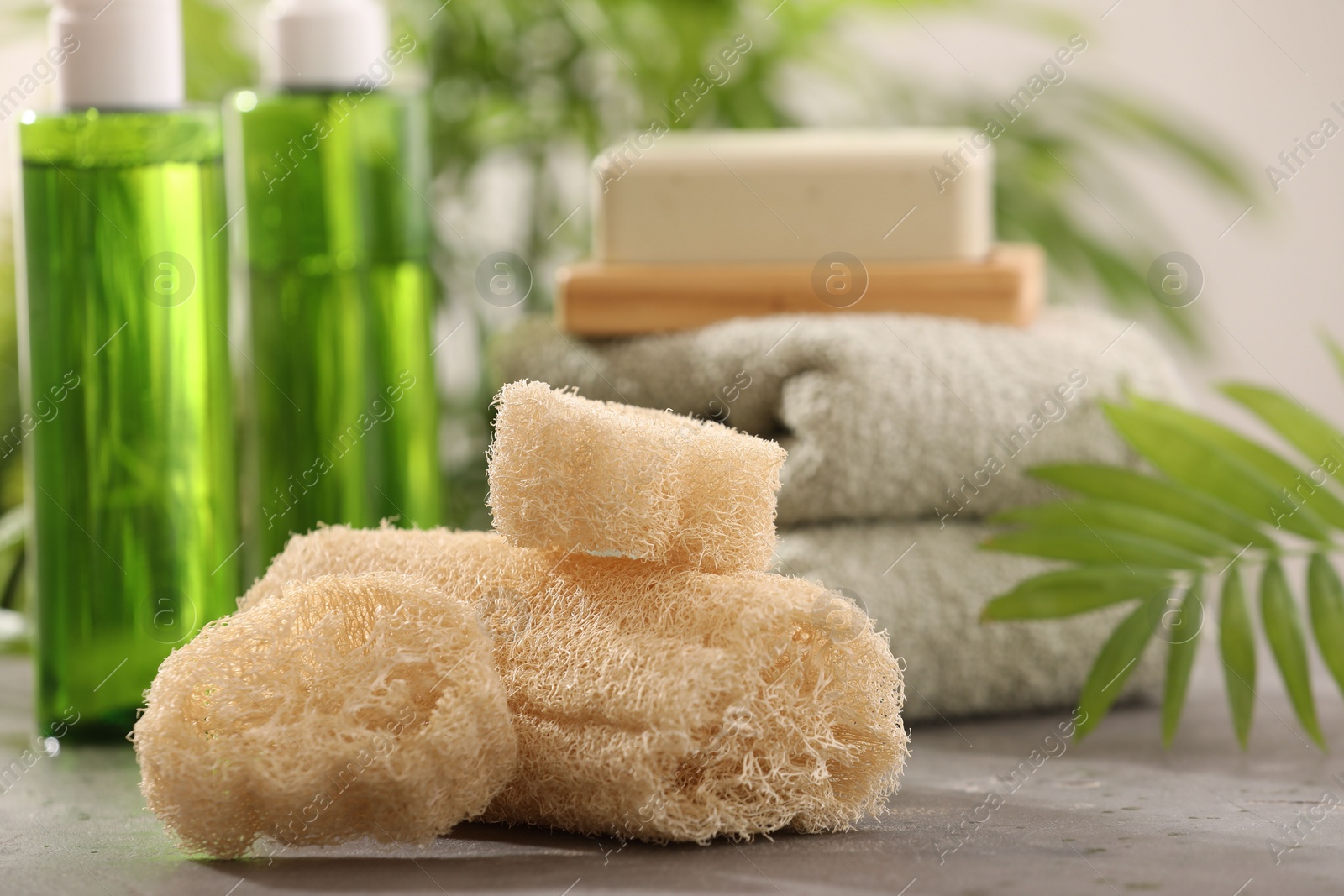 Photo of Loofah sponges, towels, soap, cosmetic products on grey table, selective focus