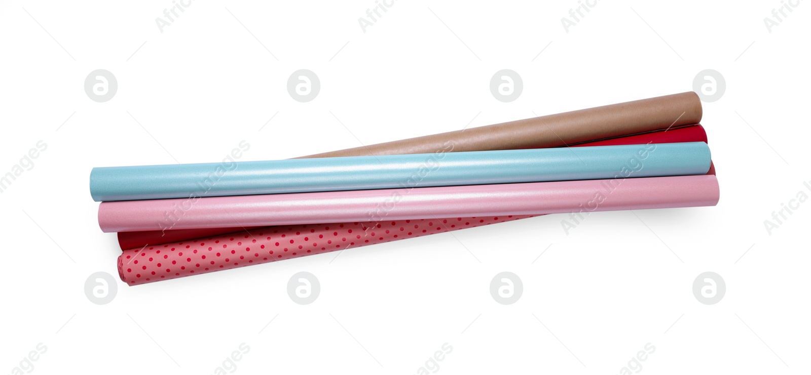 Photo of Rolls of colorful wrapping paper on white background, top view