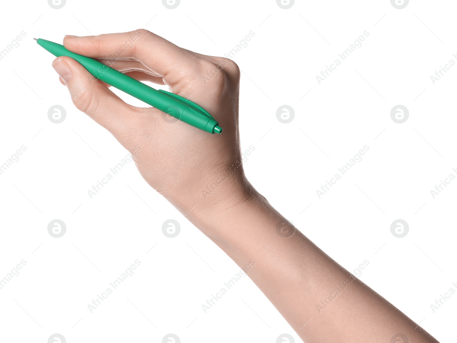 Photo of Woman holding pen on white background, closeup of hand