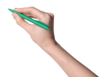 Photo of Woman holding pen on white background, closeup of hand