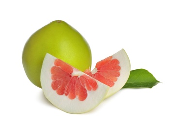 Photo of Fresh pomelo fruit with slices isolated on white