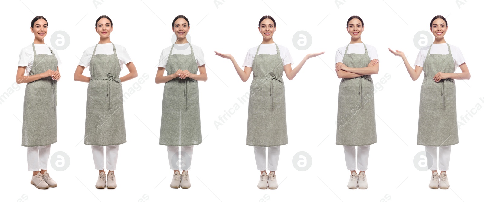 Image of Collage with photos of woman in apron on white background