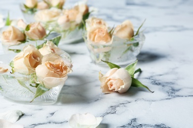 Photo of Heart shaped ice cubes with roses on marble background