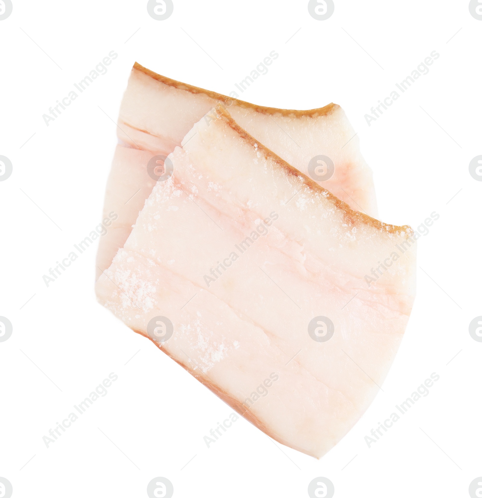 Photo of Slices of pork fatback isolated on white, top view