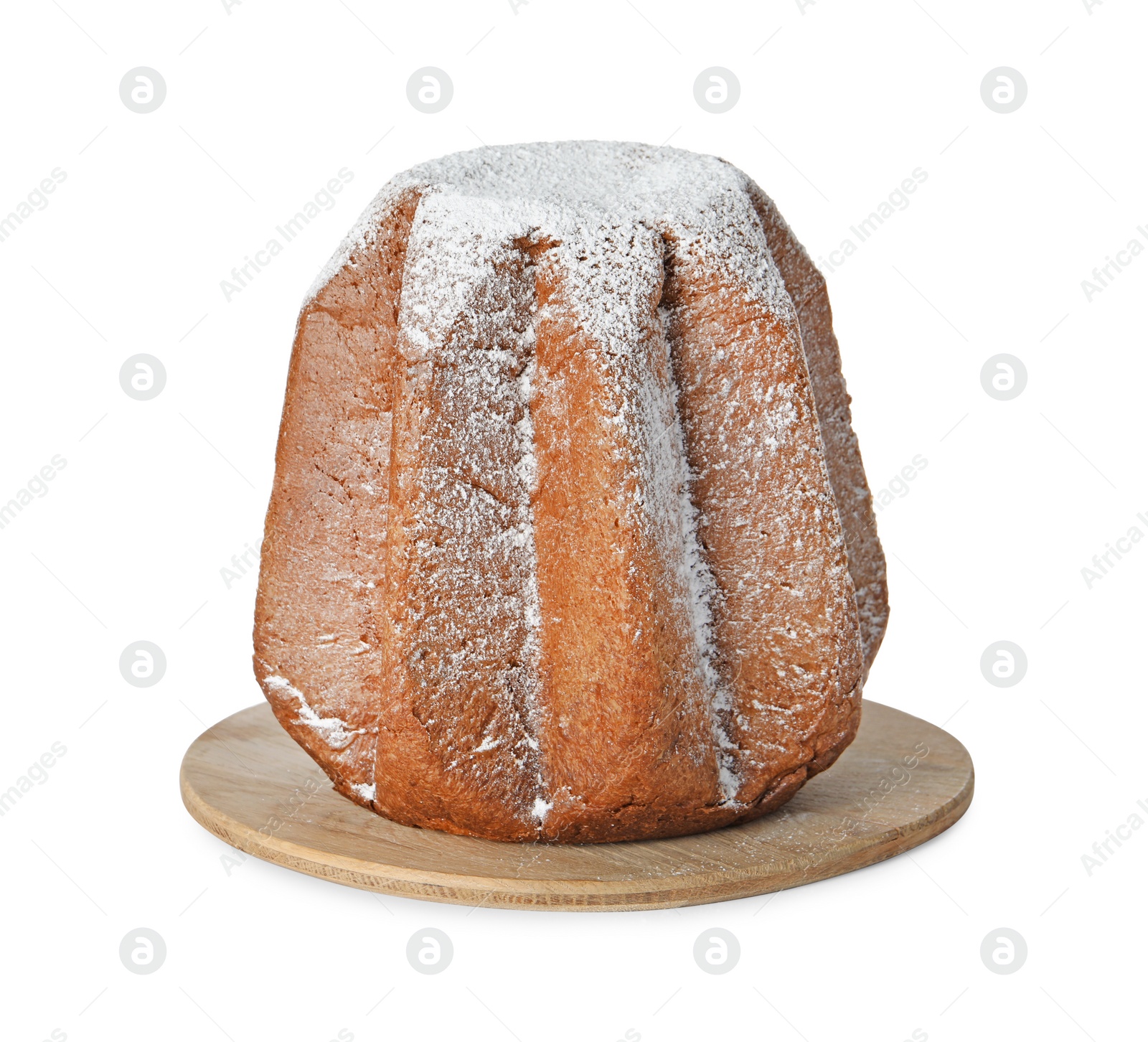 Photo of Delicious Pandoro cake decorated with powdered sugar isolated on white. Traditional Italian pastry