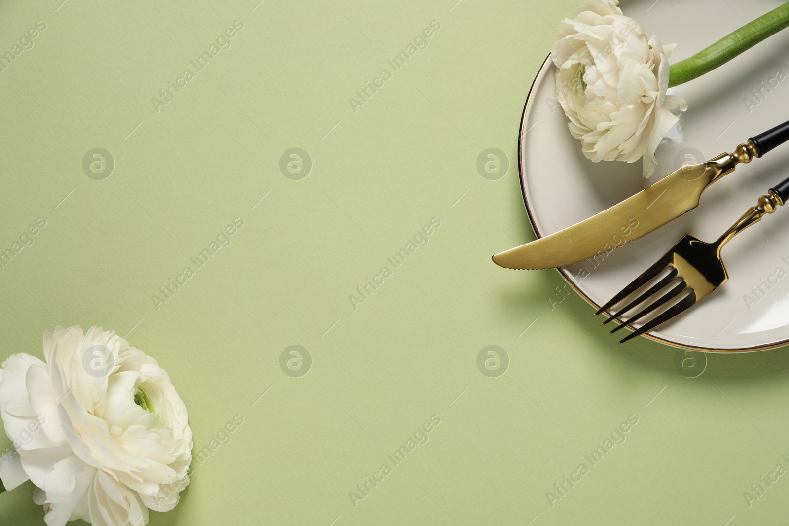 Photo of Stylish table setting with cutlery and flowers on light green background, flat lay. Space for text