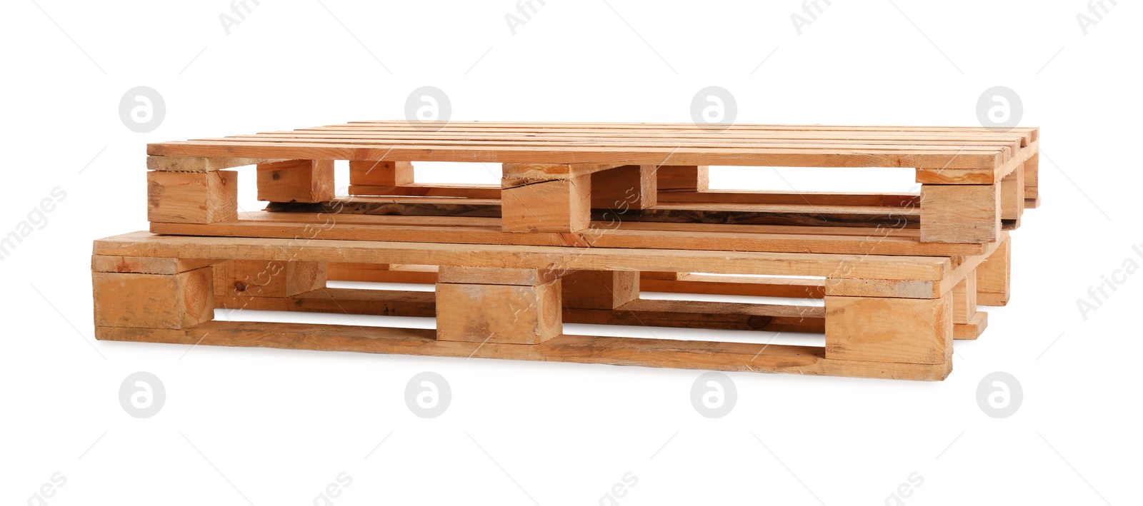 Photo of Wooden pallets isolated on white. Transportation and storage