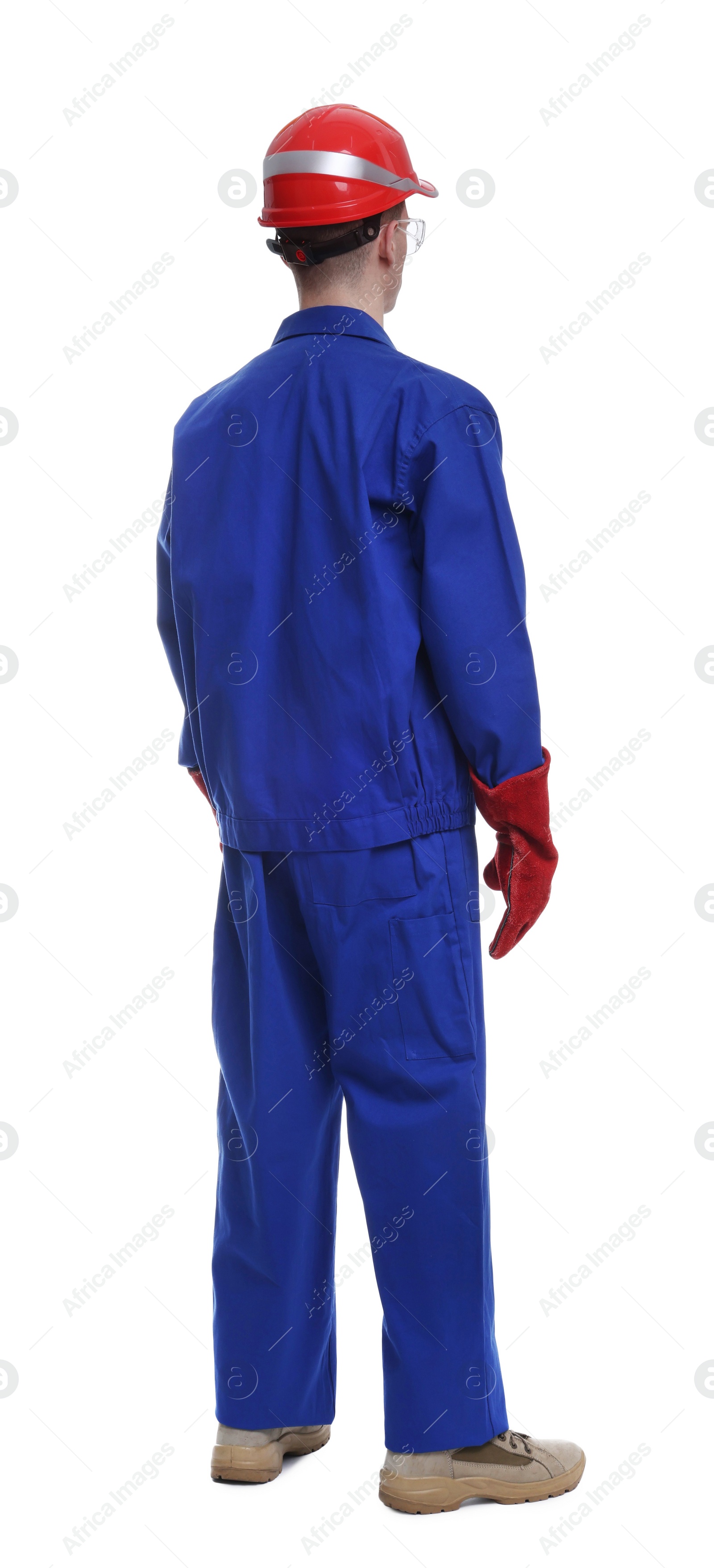 Photo of Young man wearing safety equipment on white background, back view