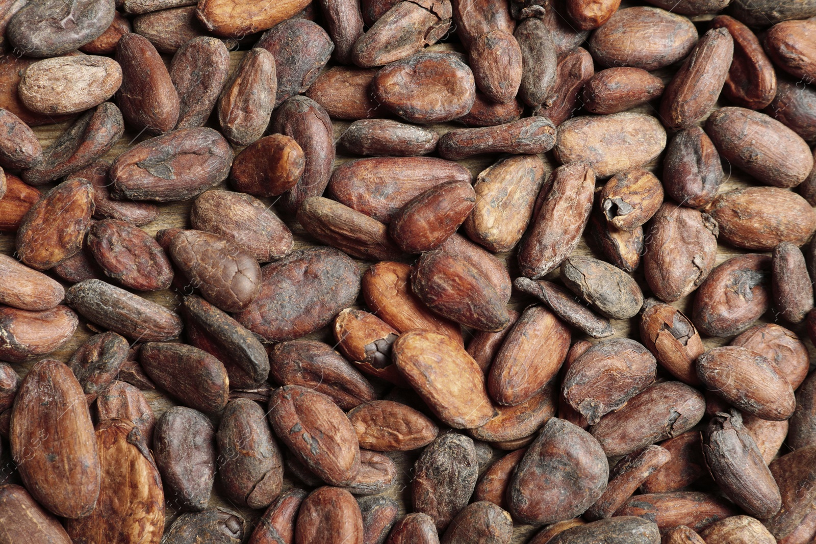 Photo of Tasty cocoa beans as background, top view